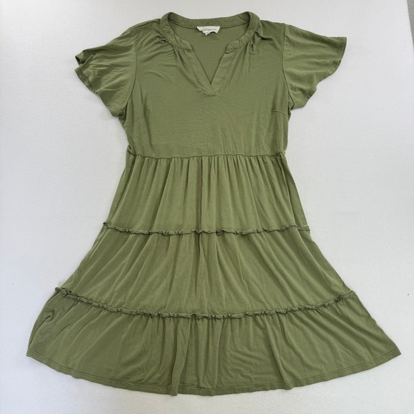 Lucky Brand Dresses & Skirts - Lucky Brand Womens Tiered Mini Dress Olive Green V-Neck Flutter Sleeve Large